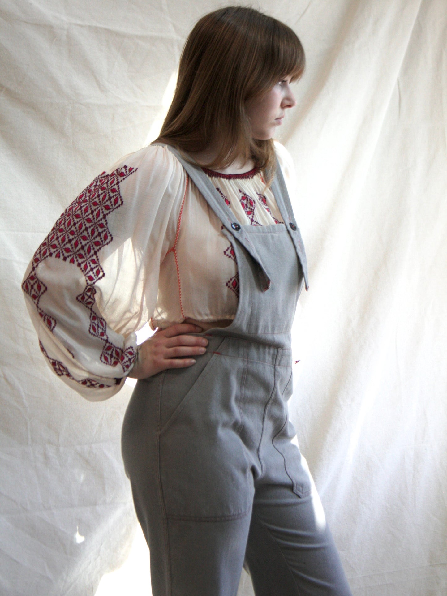 1940s/1950s Faded Cotton Side Button Bib Front Workwear Overalls