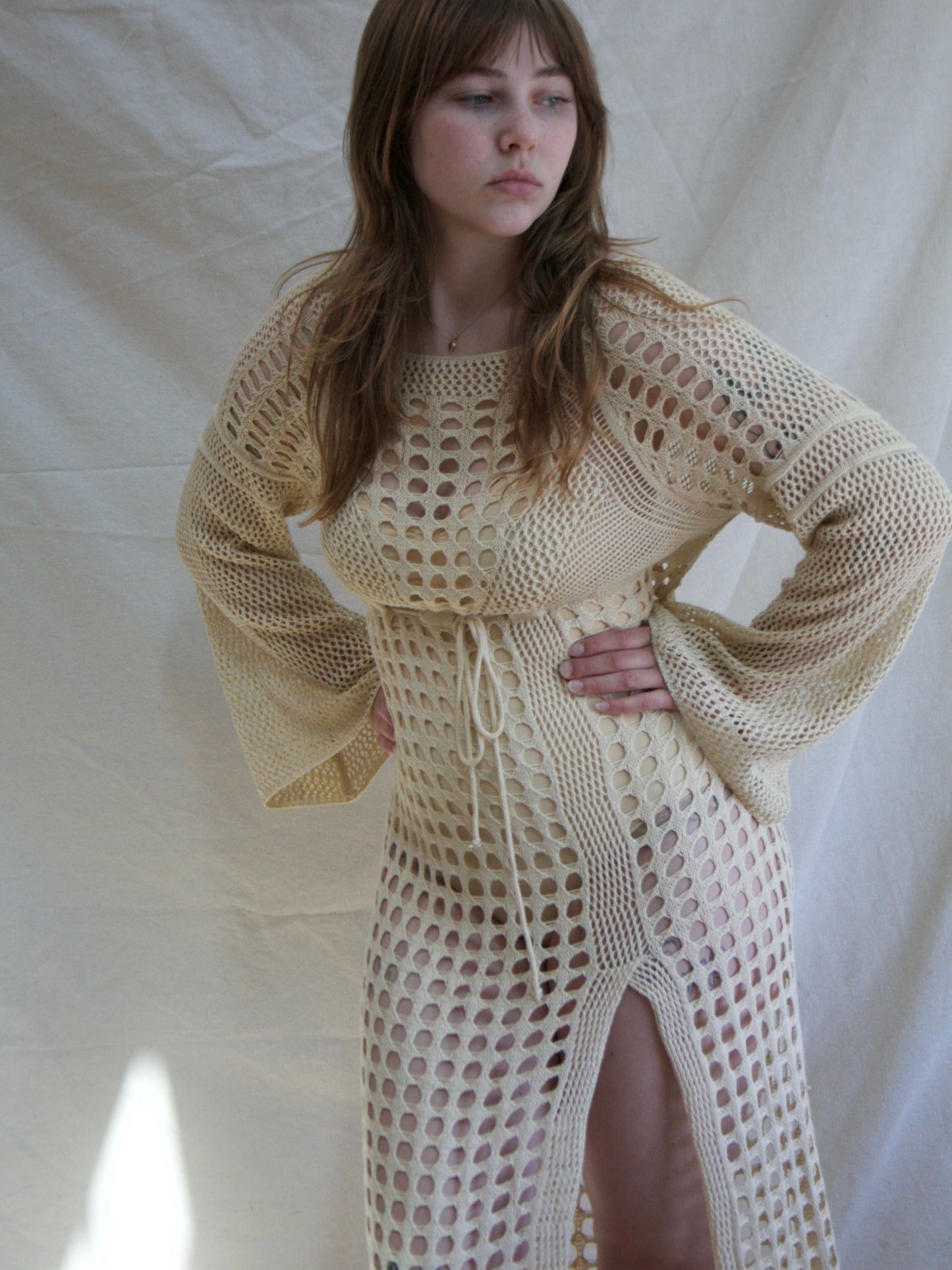 1970s Soft Cotton Bell Sleeve Open Knit Cover Up Dress