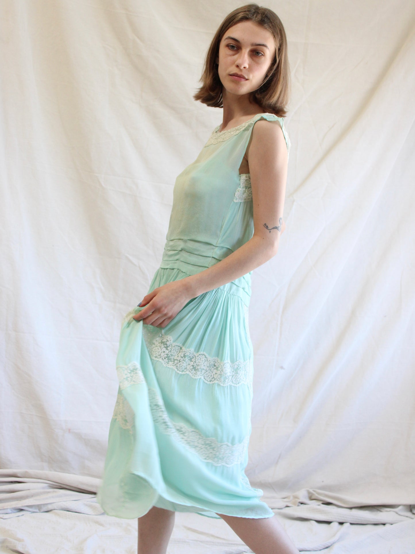 1920s Insertion Lace Mint Chiffon Day Dress