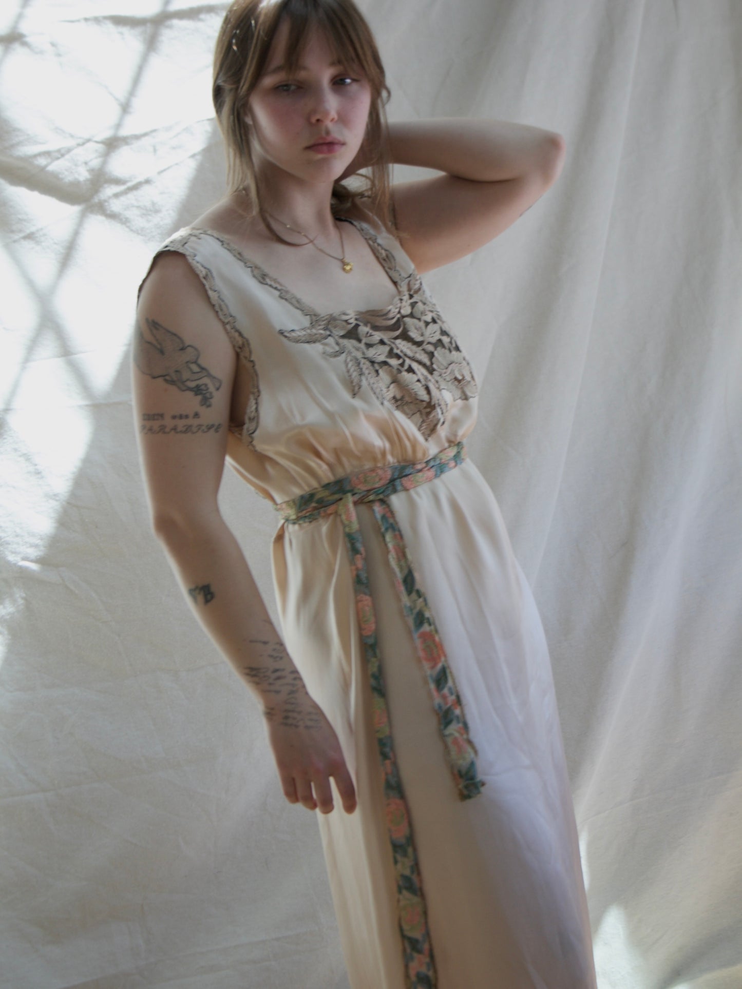 1930s Champagne Silk Inset Lace Low Back Slip Dress