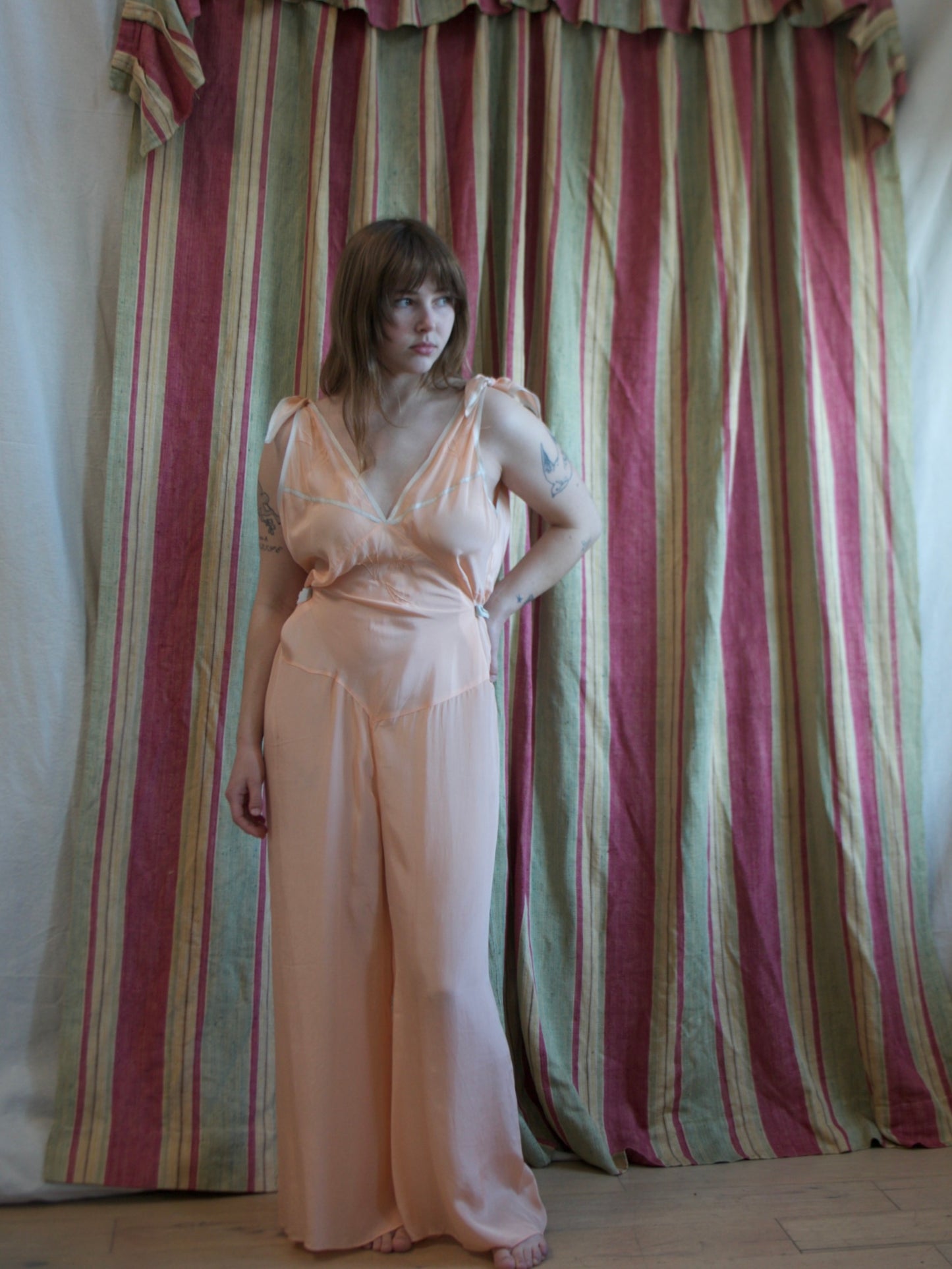 1930s Petal Pink Silk & Baby Blue Trim Tie Shoulder Palazzo Jumpsuit