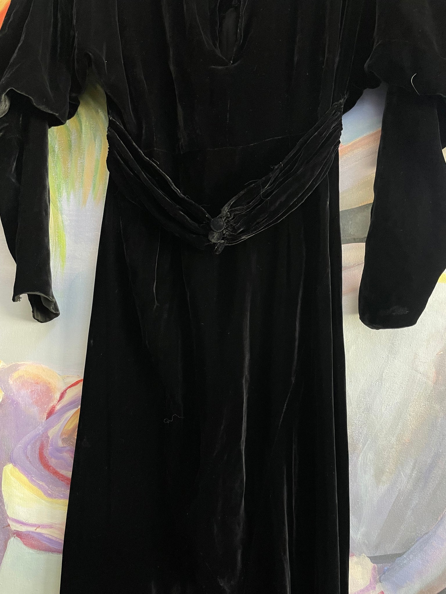 1930s Inky Black High Neck Silk Velvet Dolman Sleeve Keyhole Gown