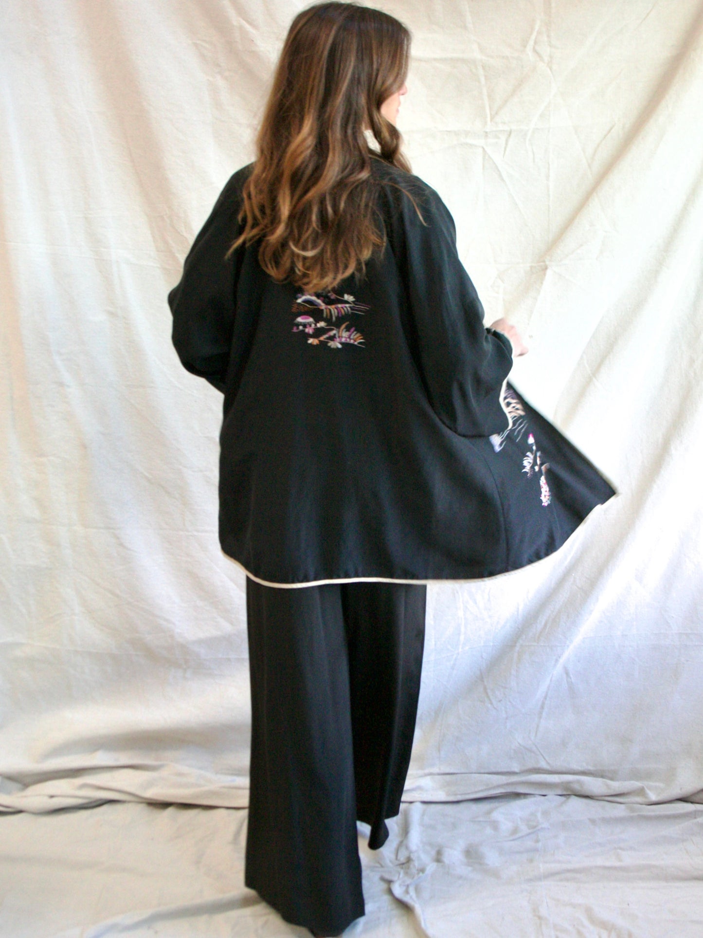 1930s Embroidered Asian Silk Bell Sleeve Robe
