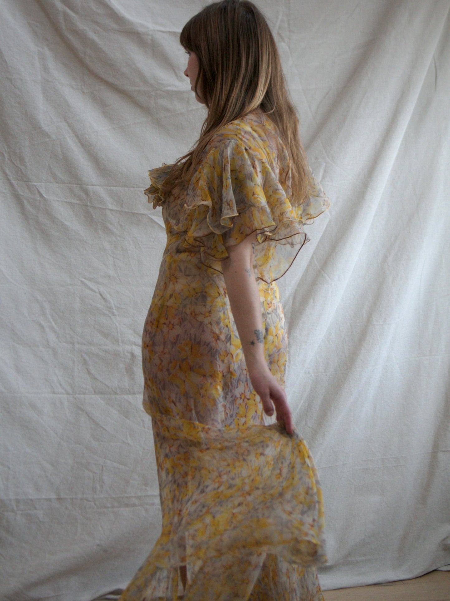 1930s Silk Chiffon Autumnal Flutter Sleeve Deco Bias Cut Gown