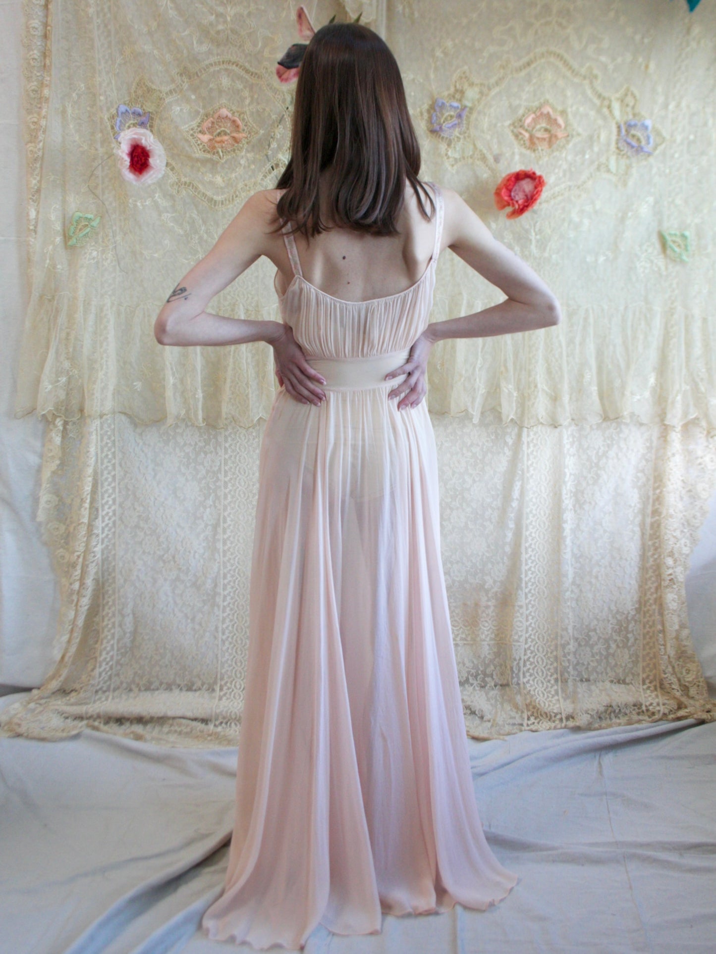 1930s Petal Pink Chiffon Gathered Sweeping Slip Dress