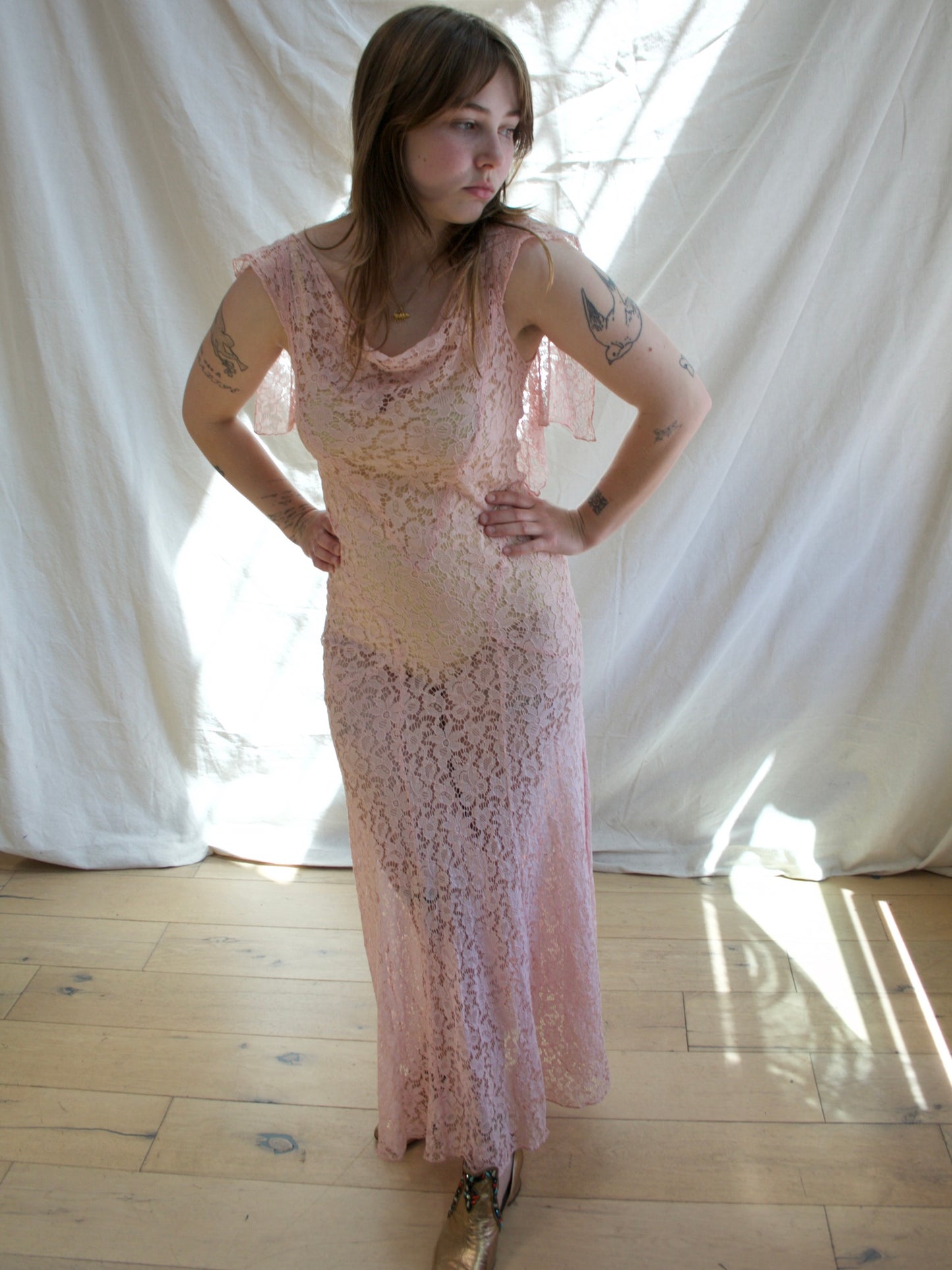 1930s Cowl Neck Bias Pink Lace Low Back Gown