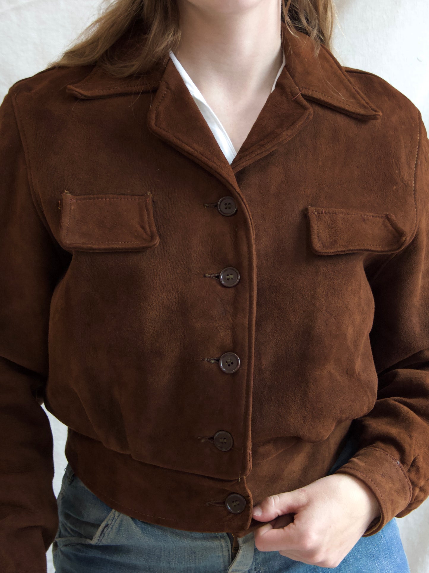 1940s Cropped Suede Flannel Lined Side Cinch Jacket