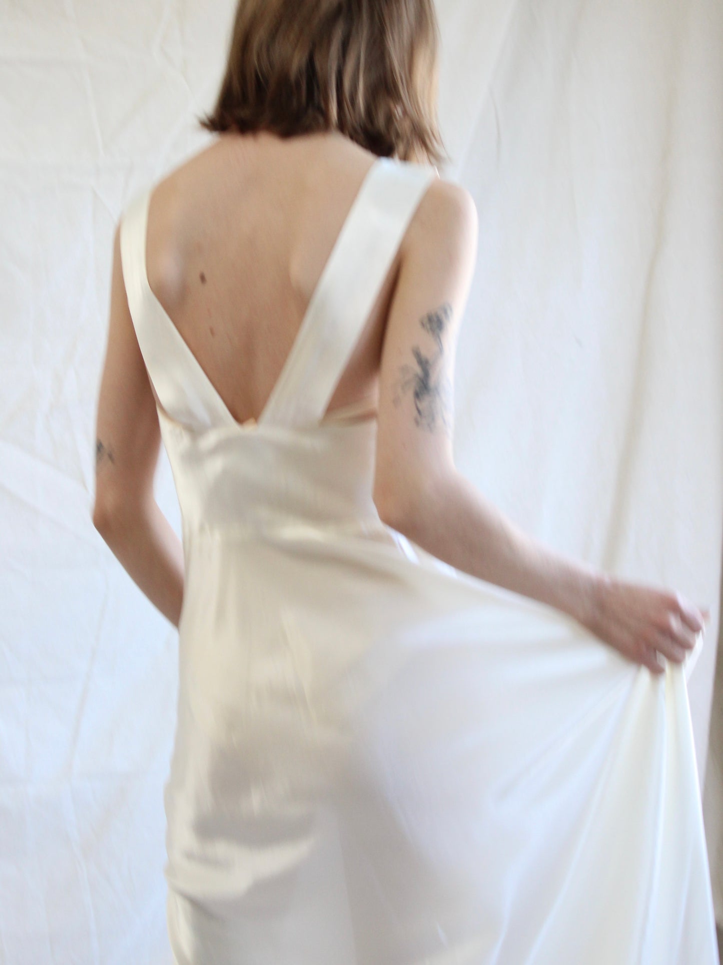1940s Lace & Ivory Liquid Satin Ruffle Trim Bias Cut Slip Dres