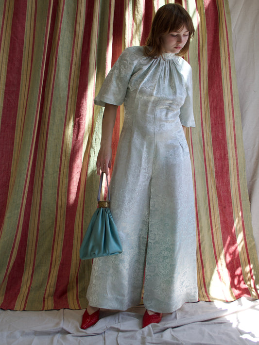 1970s Faux Silk Damask Bell Sleeve High Neck Palazzo Pant Jumpsuit