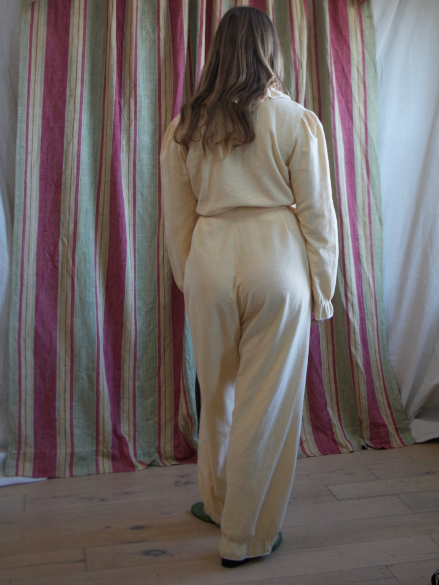 1940s Butter Yellow Soft Flannel Ruffle Trim Lounge Jumpsuit