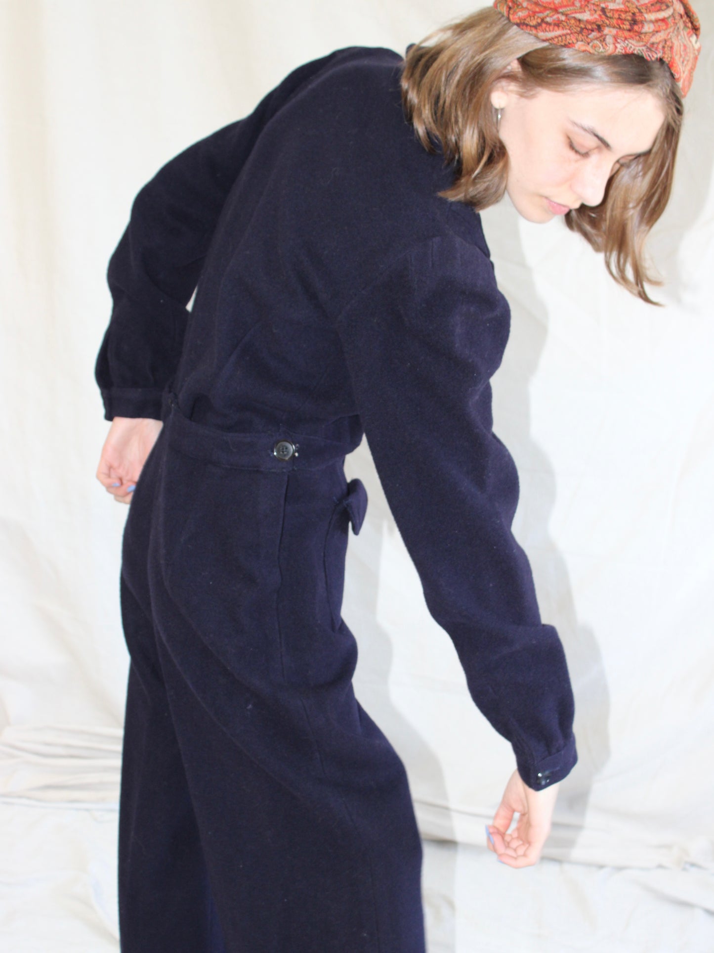 WW2 Navy Blue Wool Back Flap "Siren Suit" Wide Leg Jumpsuit