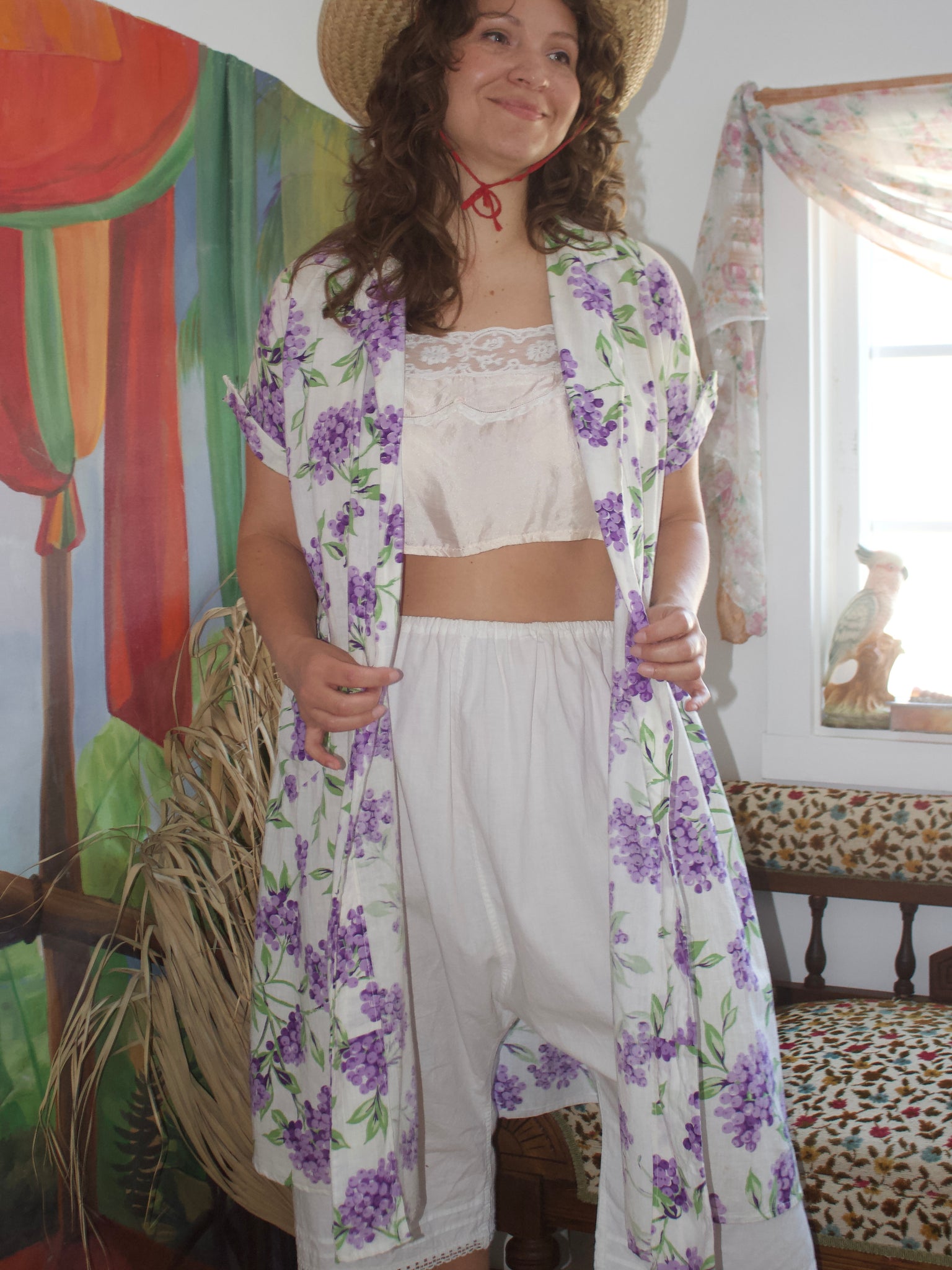 RESERVED 1930s Grape Printed Linen Open Front Duster