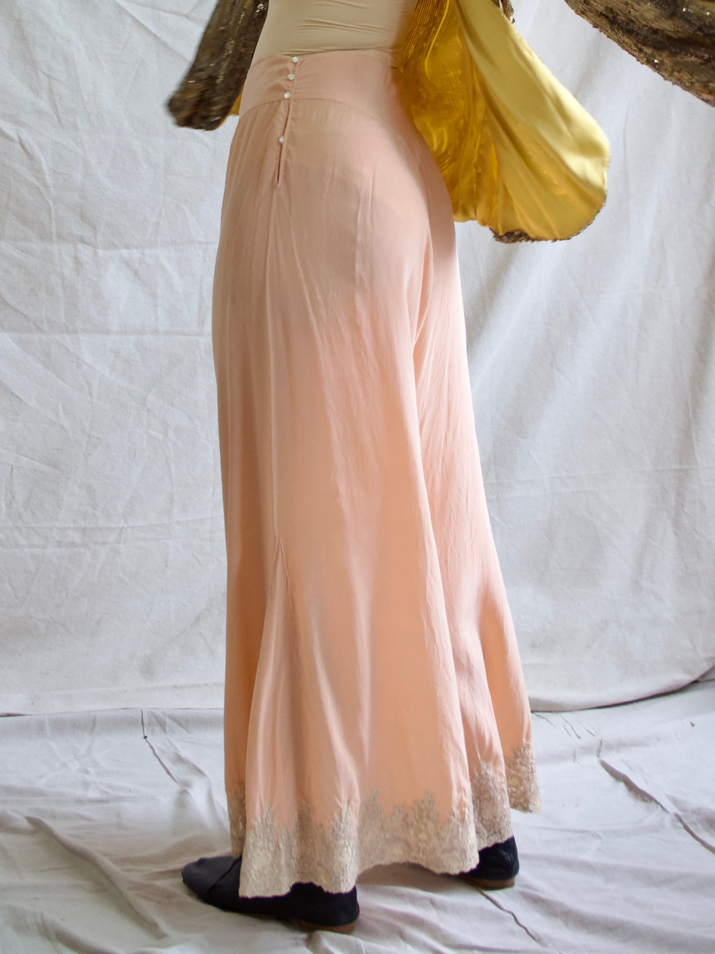 Rare 1930s Fall Front Soft Pink Silk Lace Trim Palazzo Boudoir Pants