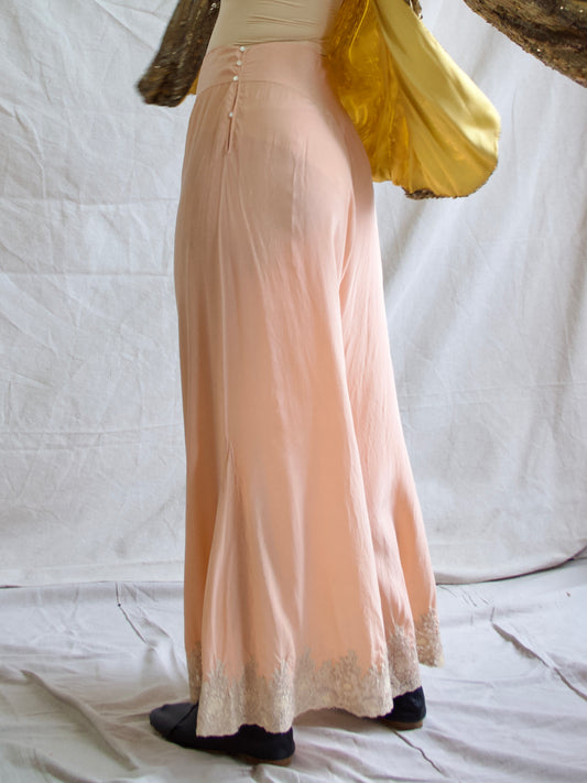 Rare 1930s Fall Front Soft Pink Silk Lace Trim Palazzo Boudoir Pants