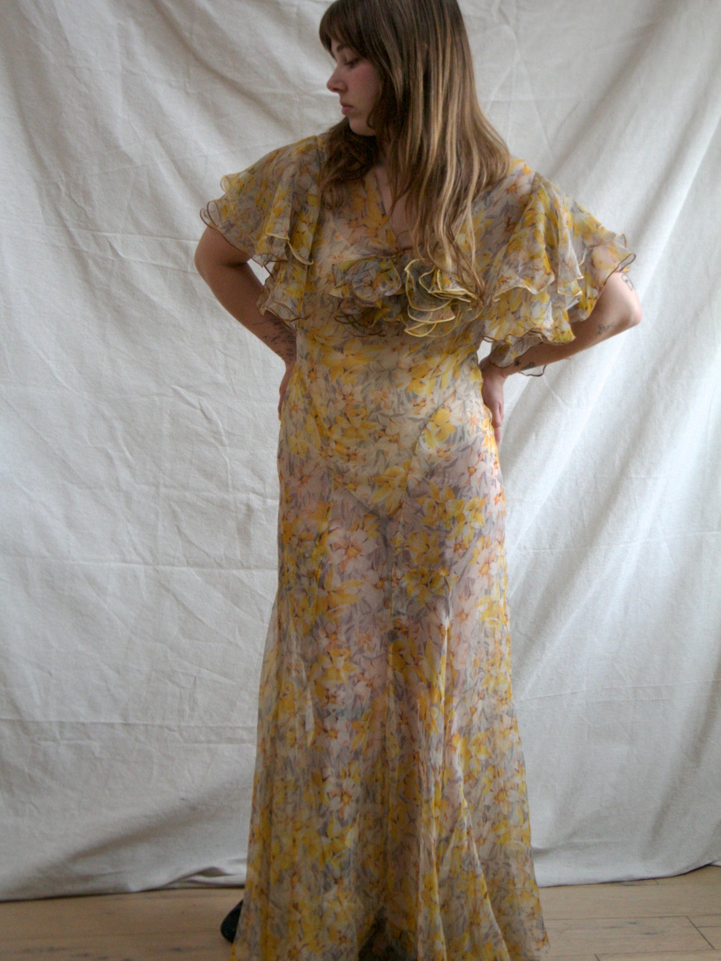 1930s Silk Chiffon Autumnal Flutter Sleeve Deco Bias Cut Gown