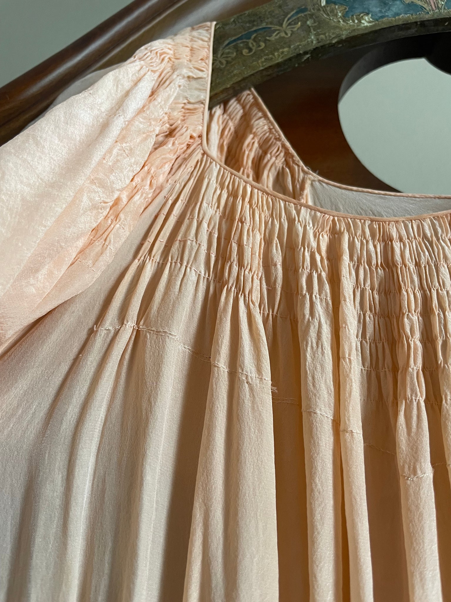 1930s Peach Silk Capelet Smocked Tie Waist Slip Dress