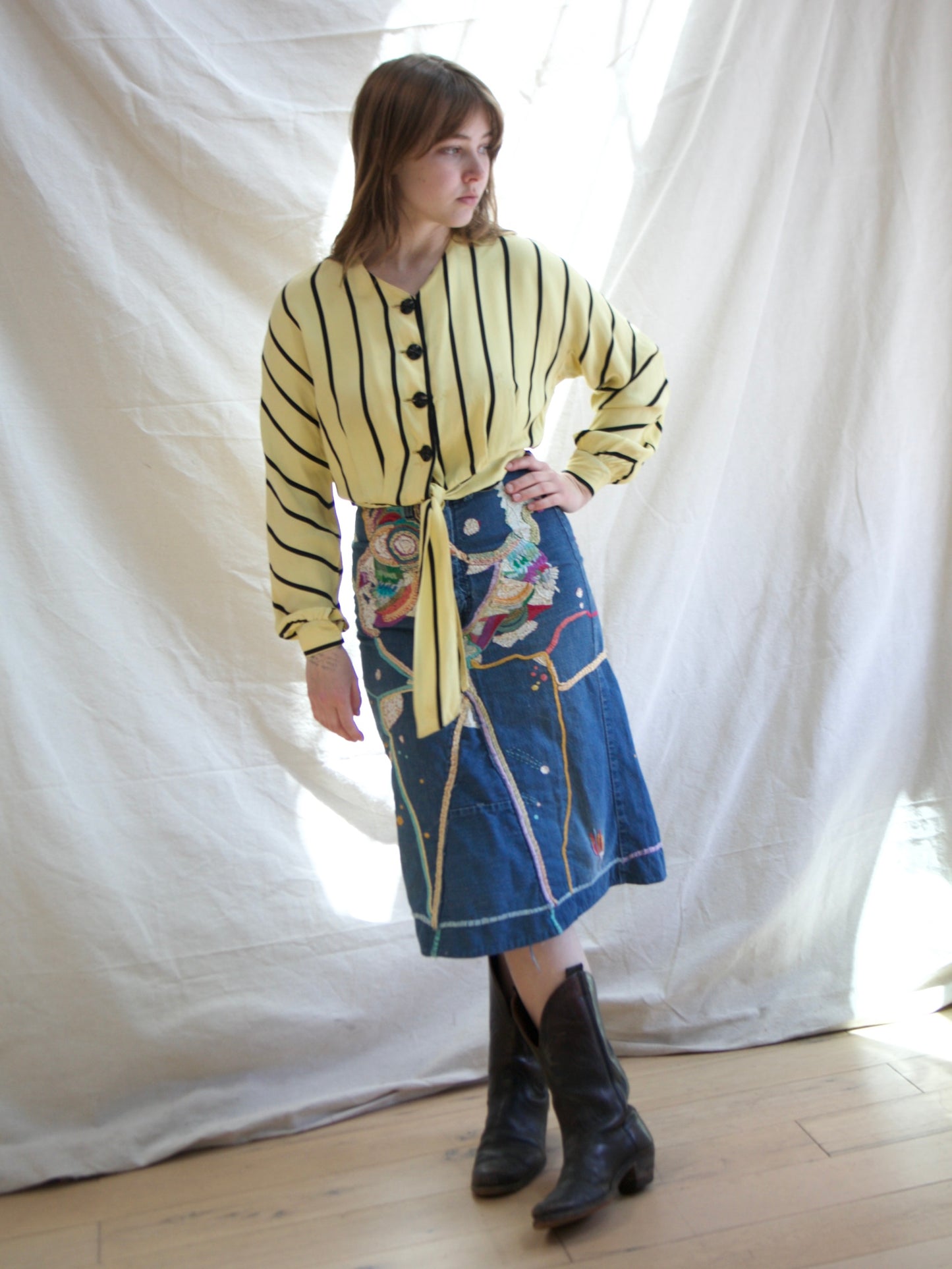 Hand Made 1977 Dated Embroidered Denim Hippie Skirt