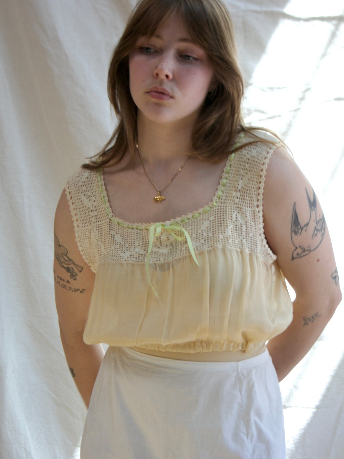Antique Woven Ribbon Ecru Crochet Silk Corset Cover