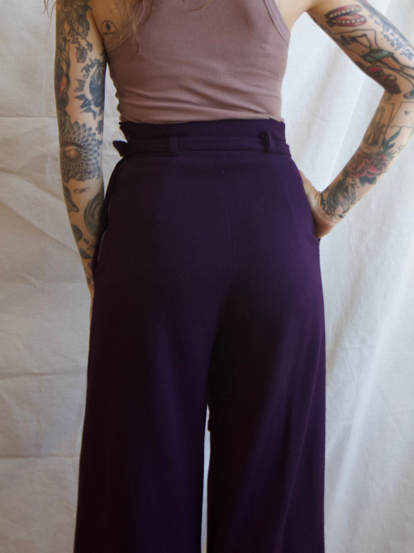 1940s Deep Plum Wool Flannel Side Button Belted Wide Leg Pants
