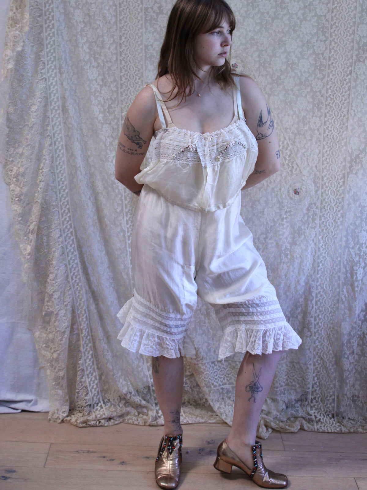 Edwardian 2PC Silk Lace Ribbon-work Bloomer/Corset Cover Set