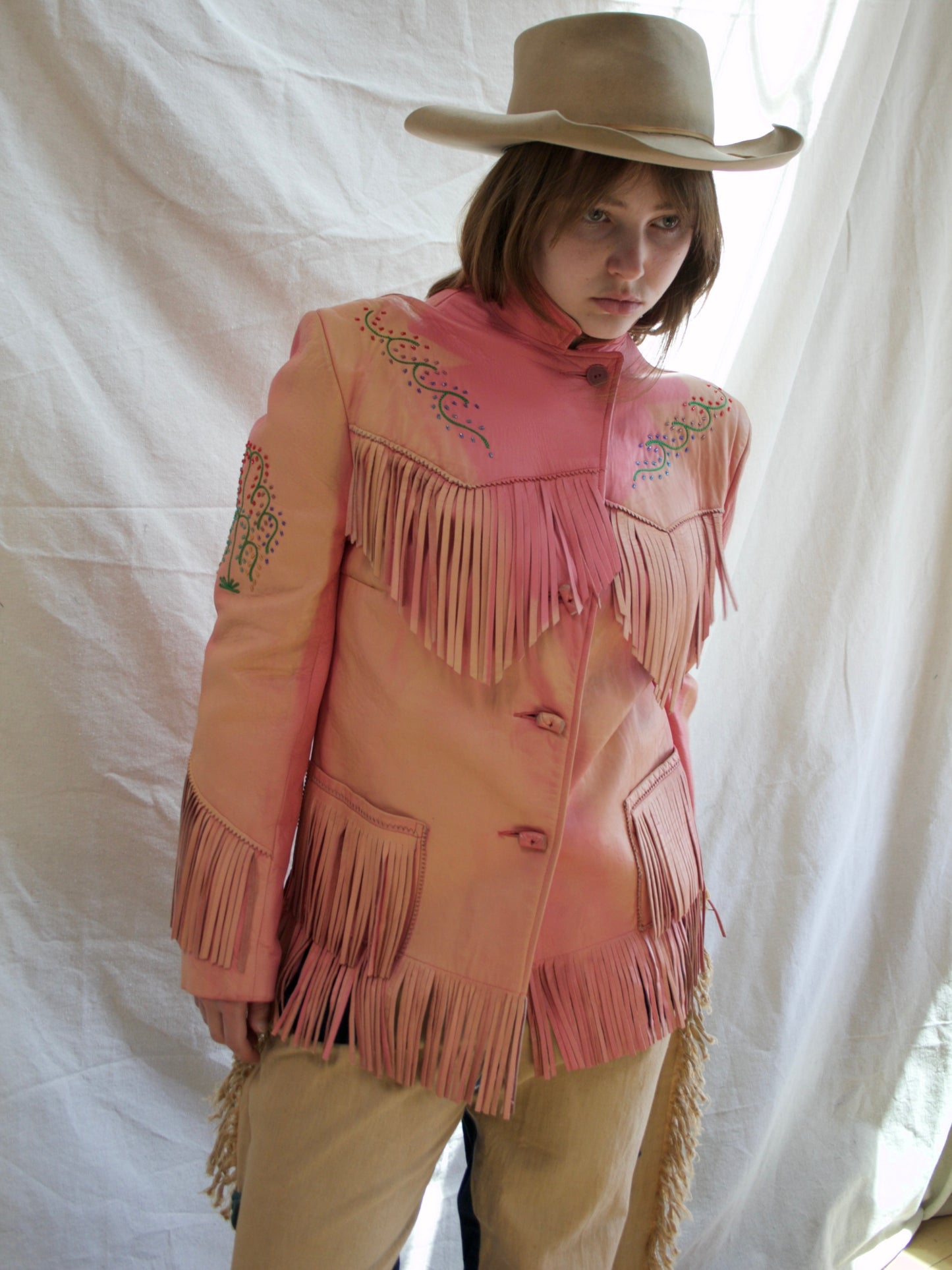 Special 1950s Sun Faded PINK Leather Fringe Western Beaded Jacket