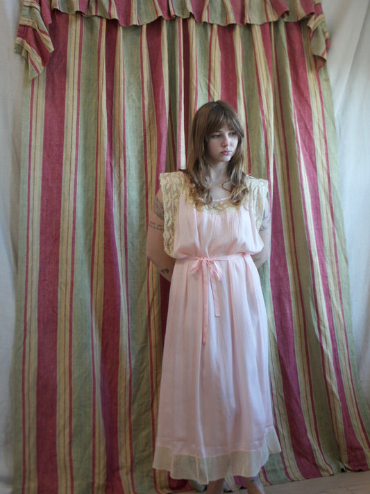 Antique 1920s Pale Pink Pin-tuck Silk Ecru Lace Slip Dress
