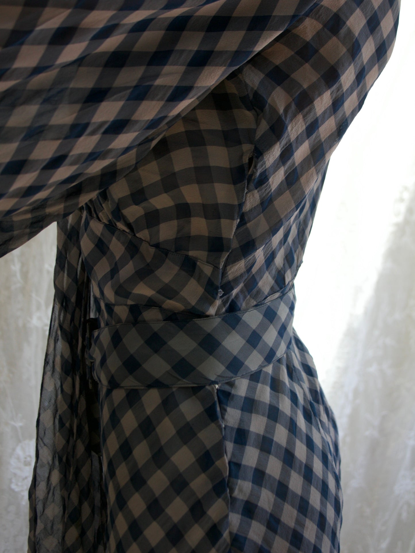 1930s Windowpane Balloon Sleeve Crepe Chiffon Tie Neck Dress
