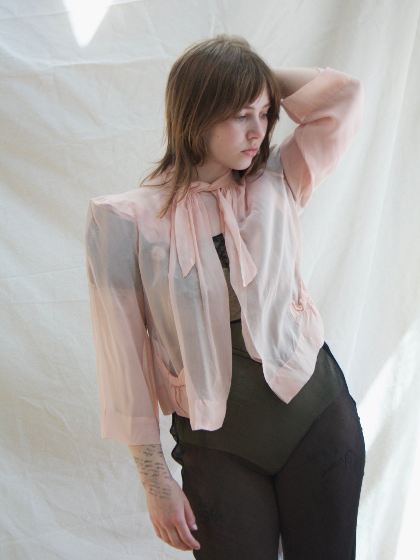 1930s Pale Pink Chiffon Peaked Shoulders Over Jacket