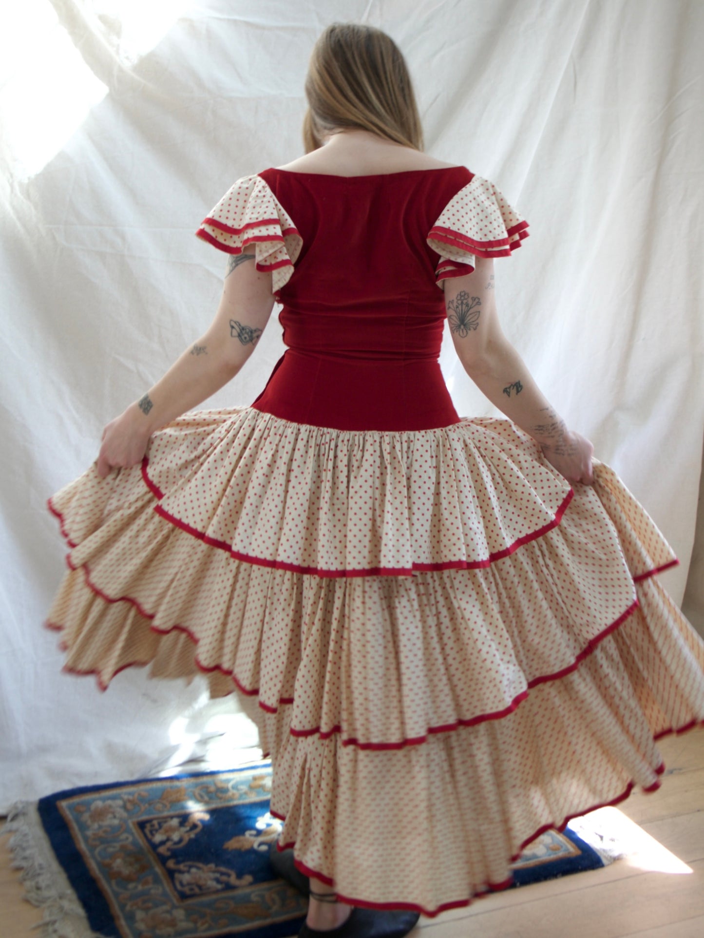 1930s Flamenco Velveteen Polka Dot Ruffle Dress