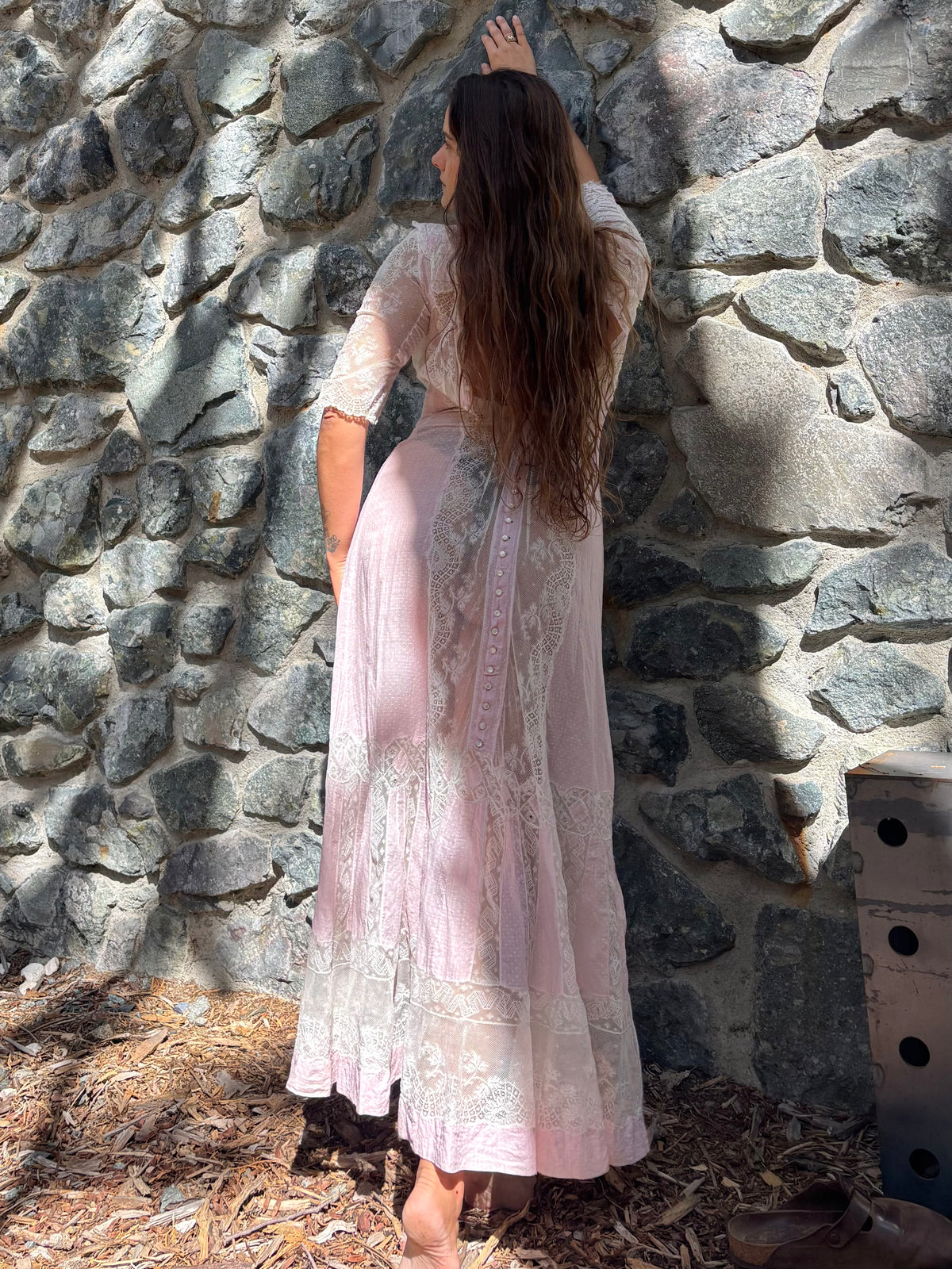 Antique Edwardian Pink Swiss Dot Insertion Lace Tea Gown