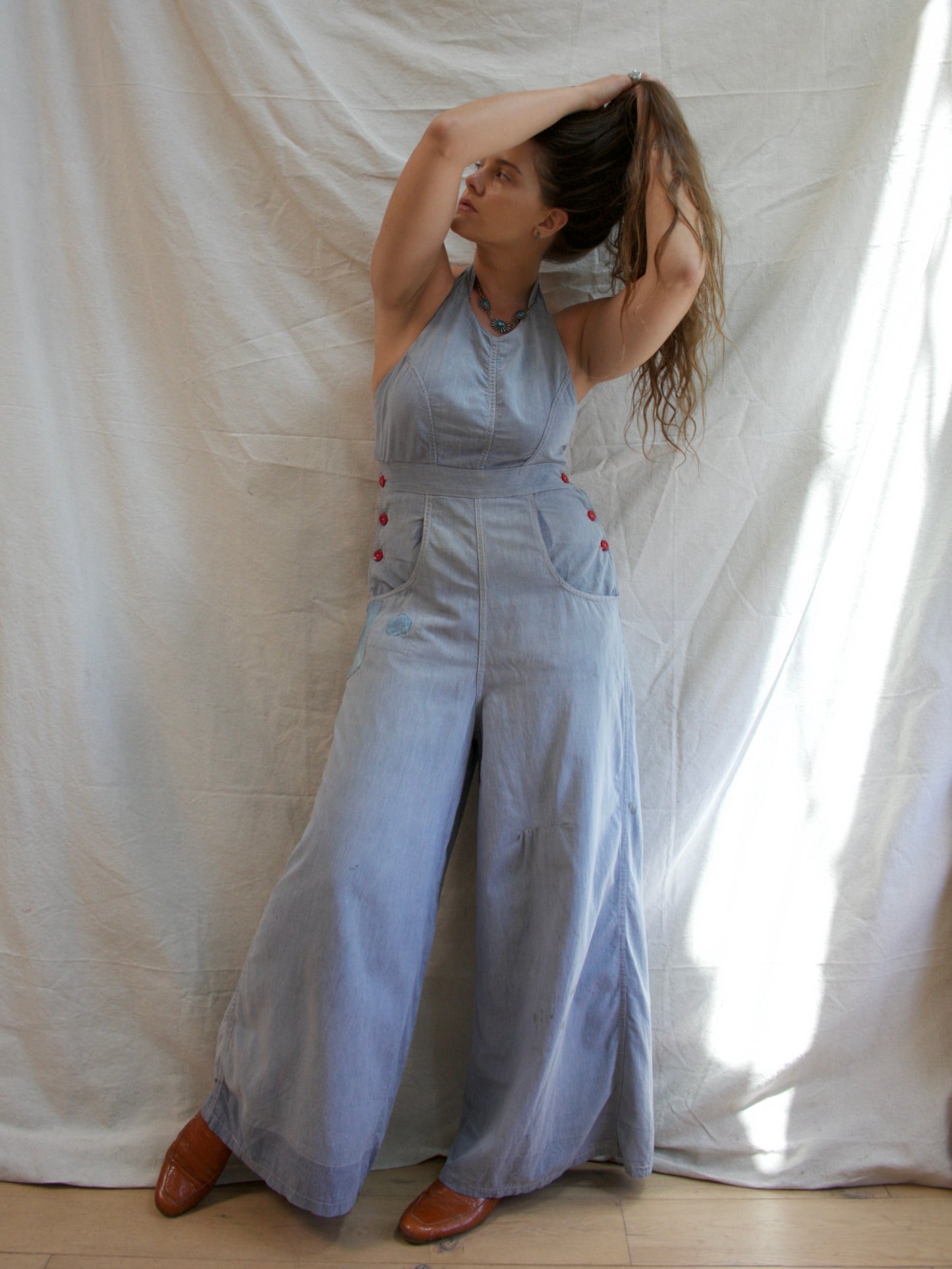 Special 1930s 'Trailer-alls' Chambray Halter Sportswear Double Side Button Overalls