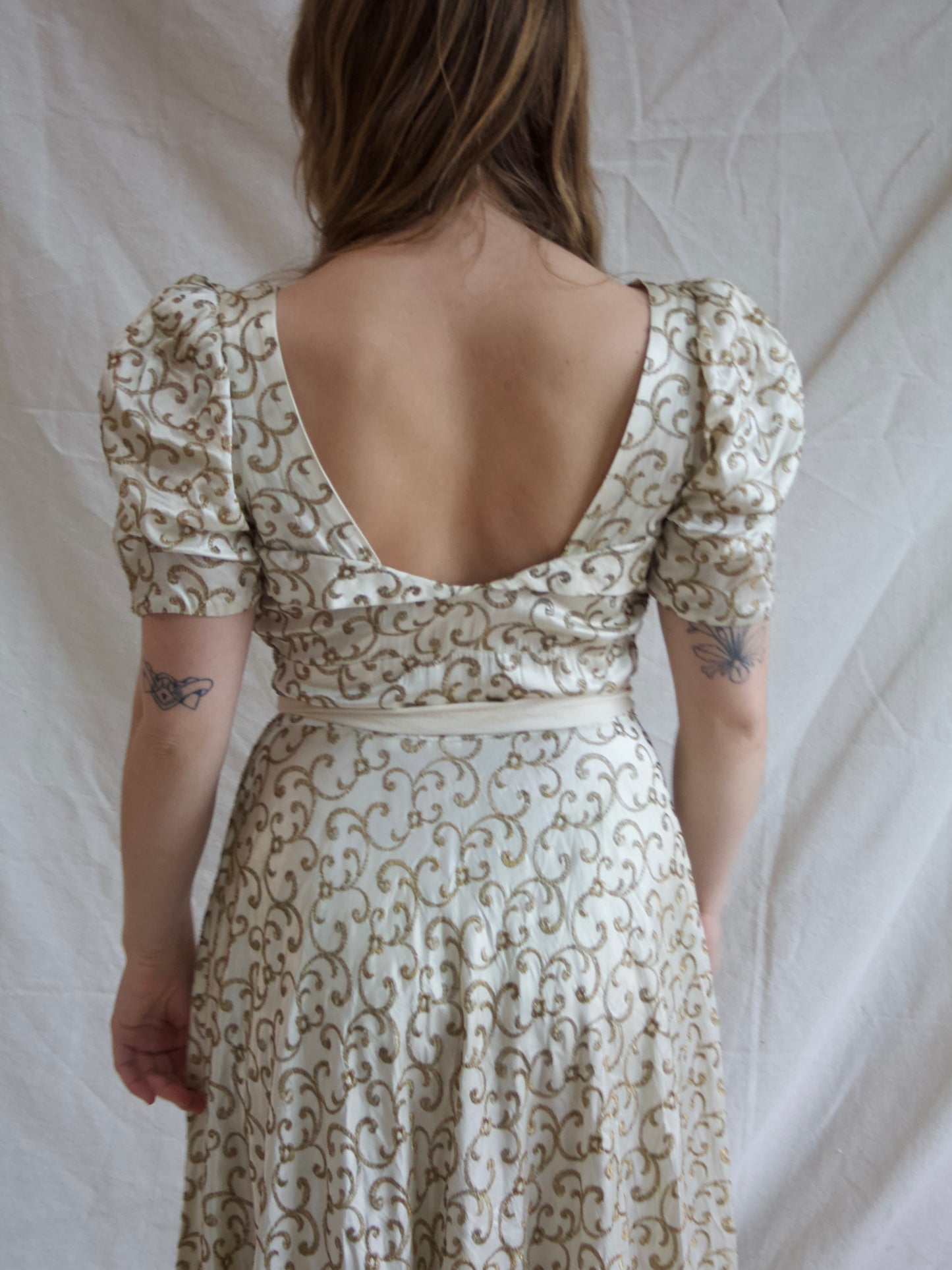 1930s Candlelight Silk Satin Lamé Embroidered Puff Sleeve Sweetheart Gown