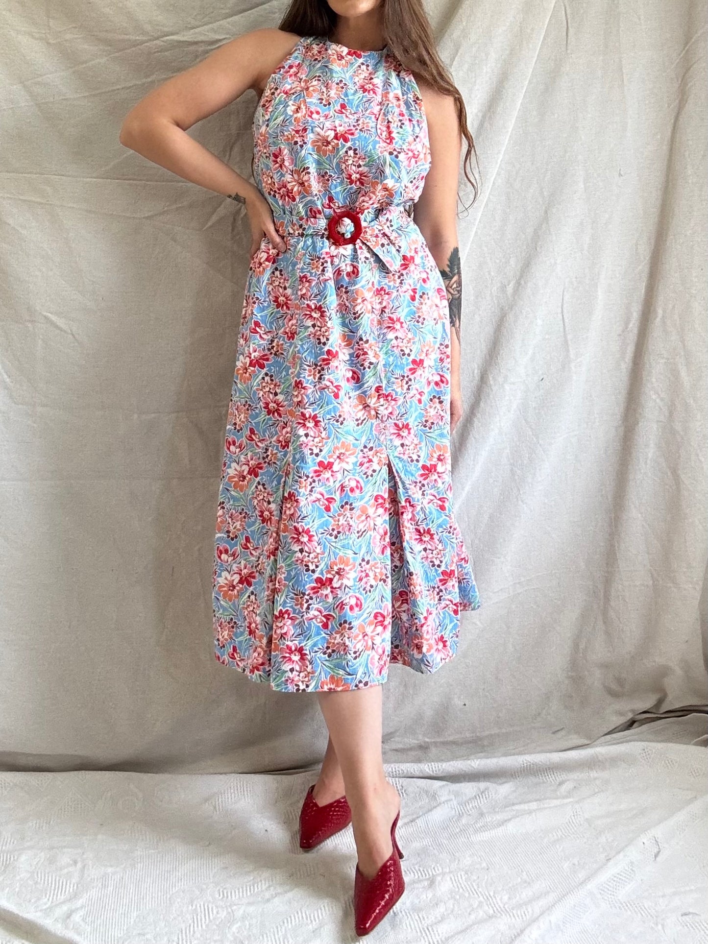 1930s Belted Halter Style Floral Print Summer Dress