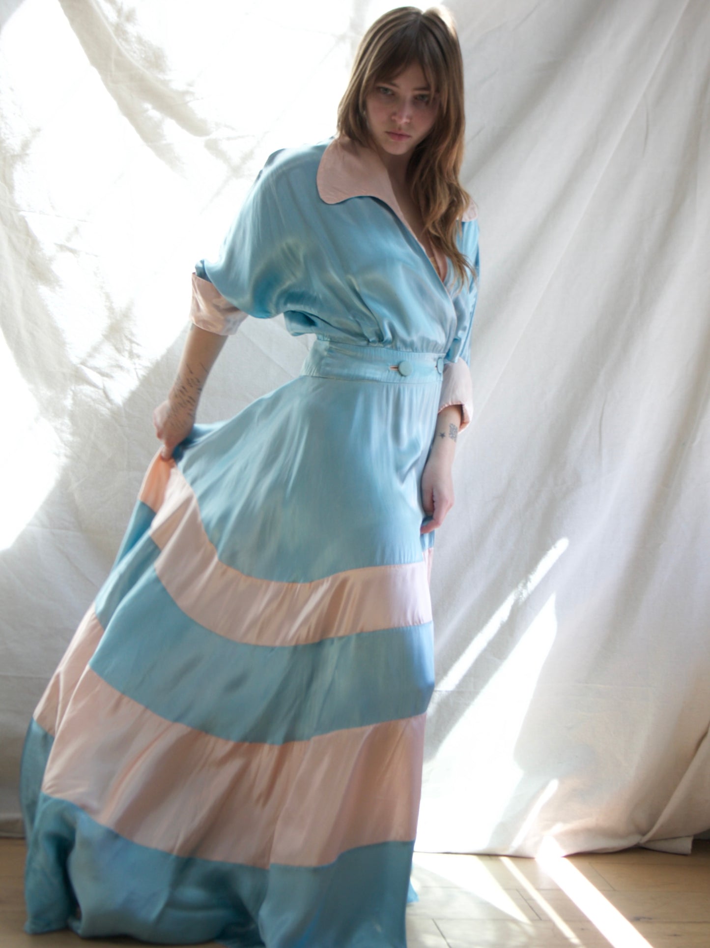 1940s Trained Candy Colored Liquid Rayon Satin Gown