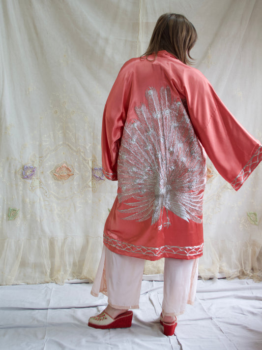 Rare 1940s Salmon Pink Gold Bullion Embroidered Peacock Robe