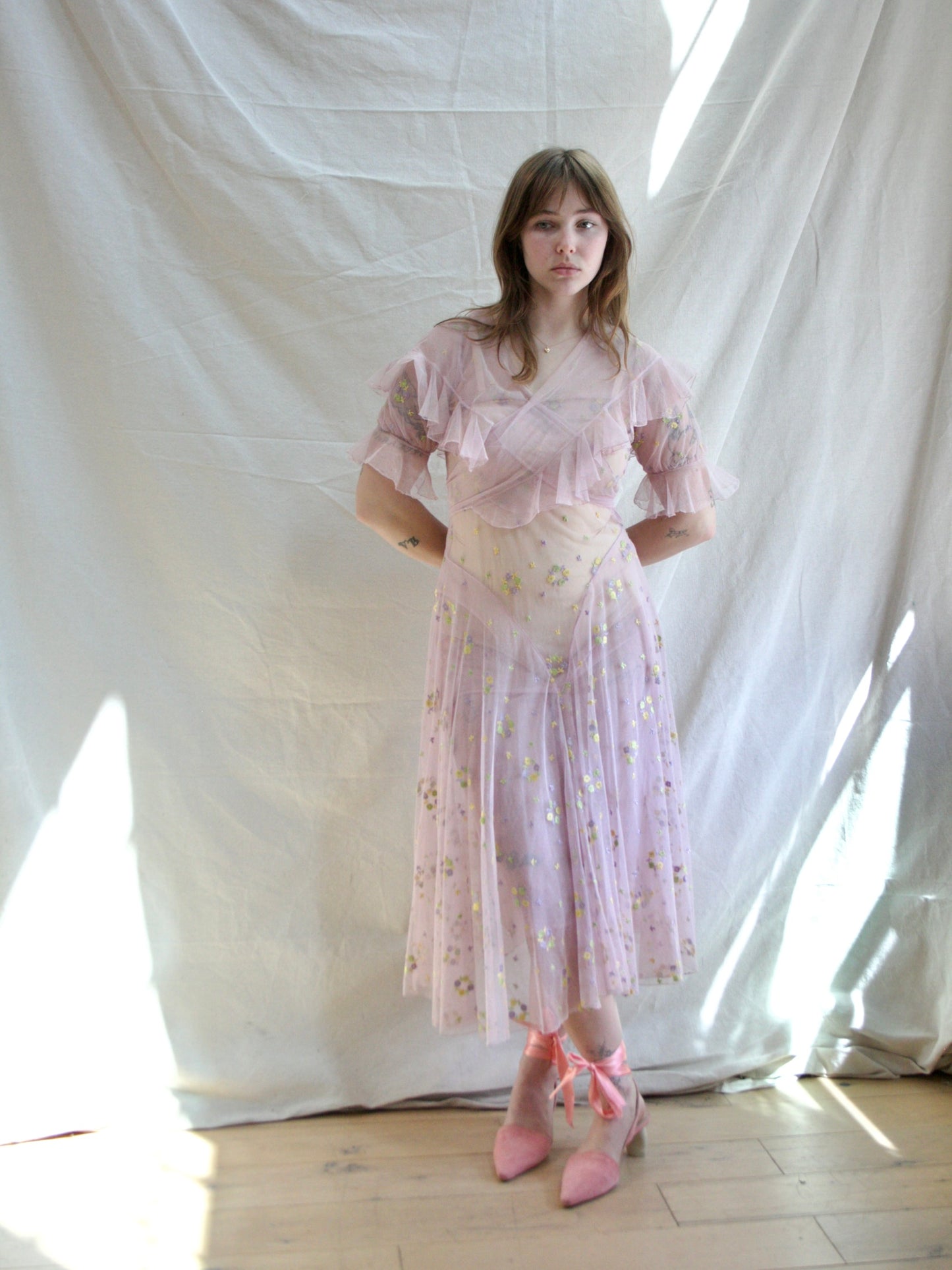 1930s Deco Springtime Embroidered Lavender Tiered Net Dress