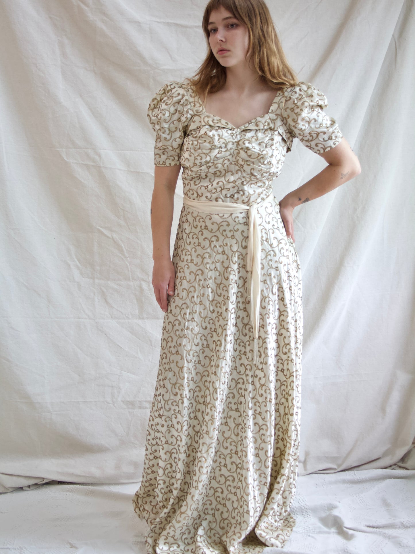 1930s Candlelight Silk Satin Lamé Embroidered Puff Sleeve Sweetheart Gown