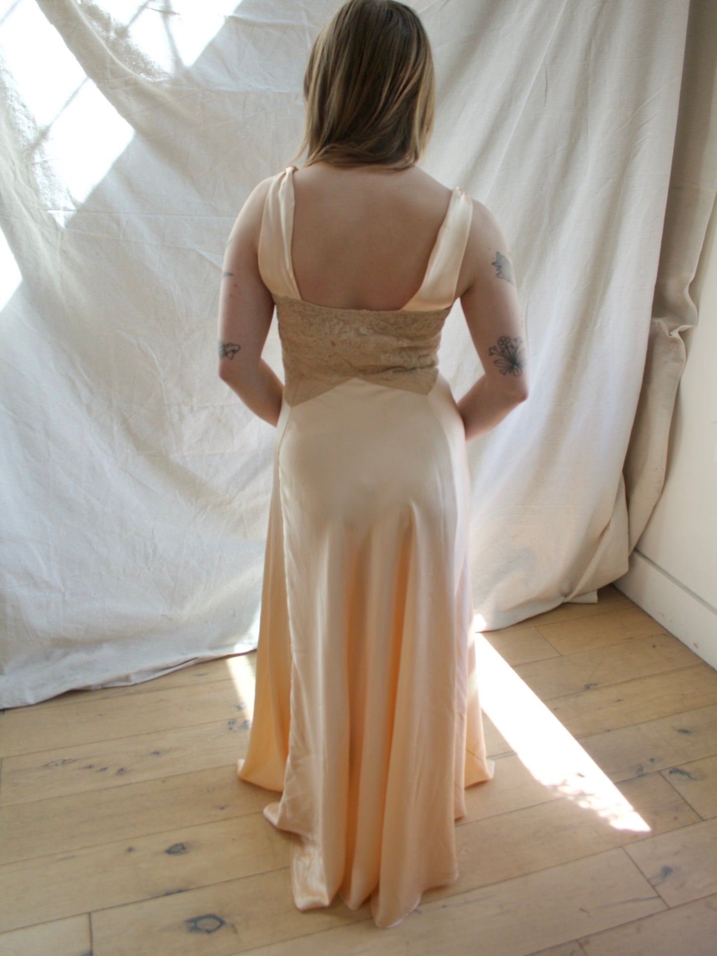1930s Blush Pink Silk Ecru Lace Bias Cut Slip Gown