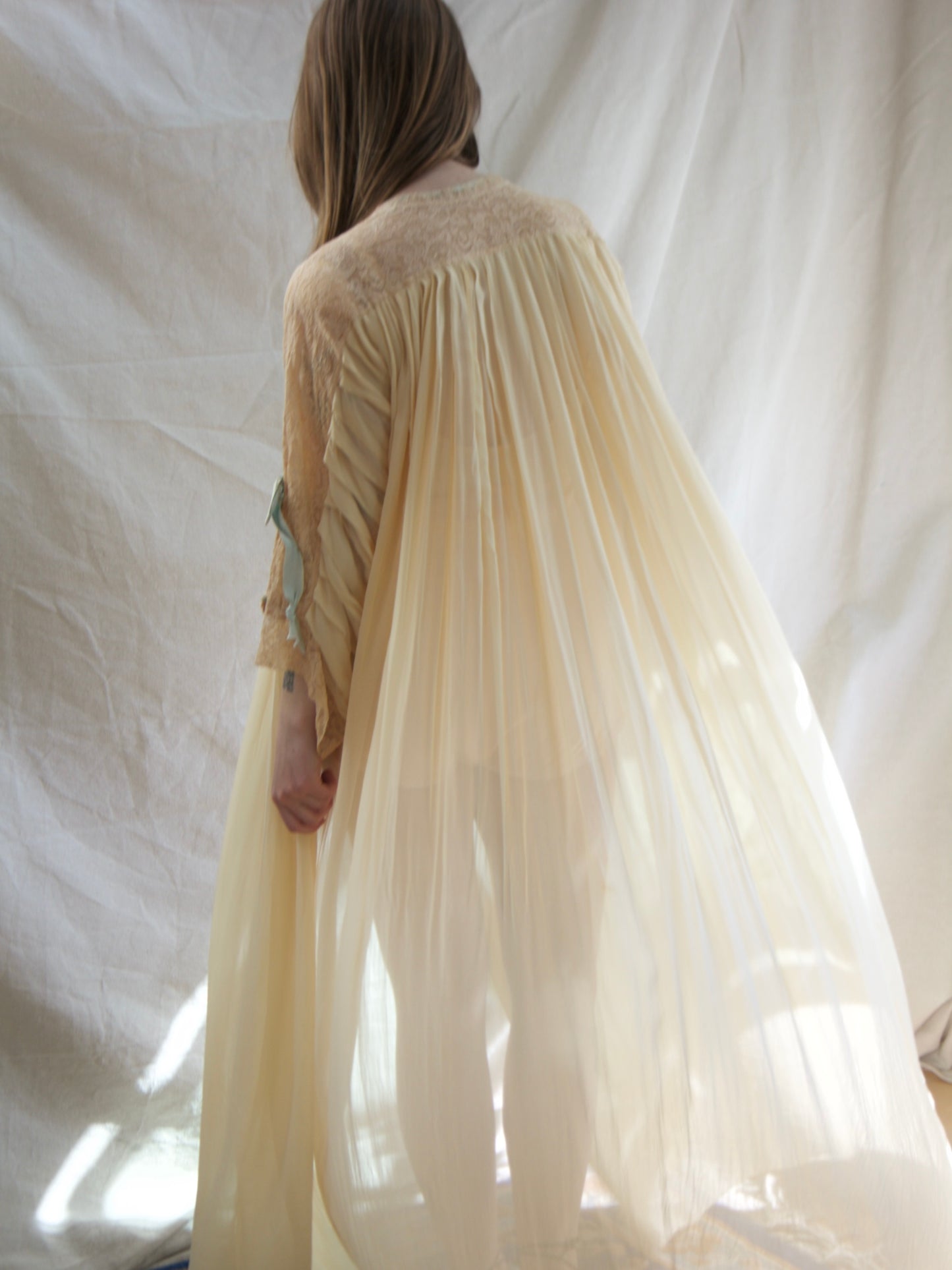 Rare 1947 Custom Hand Made Chiffon Lace Ribbonwork Peignoir