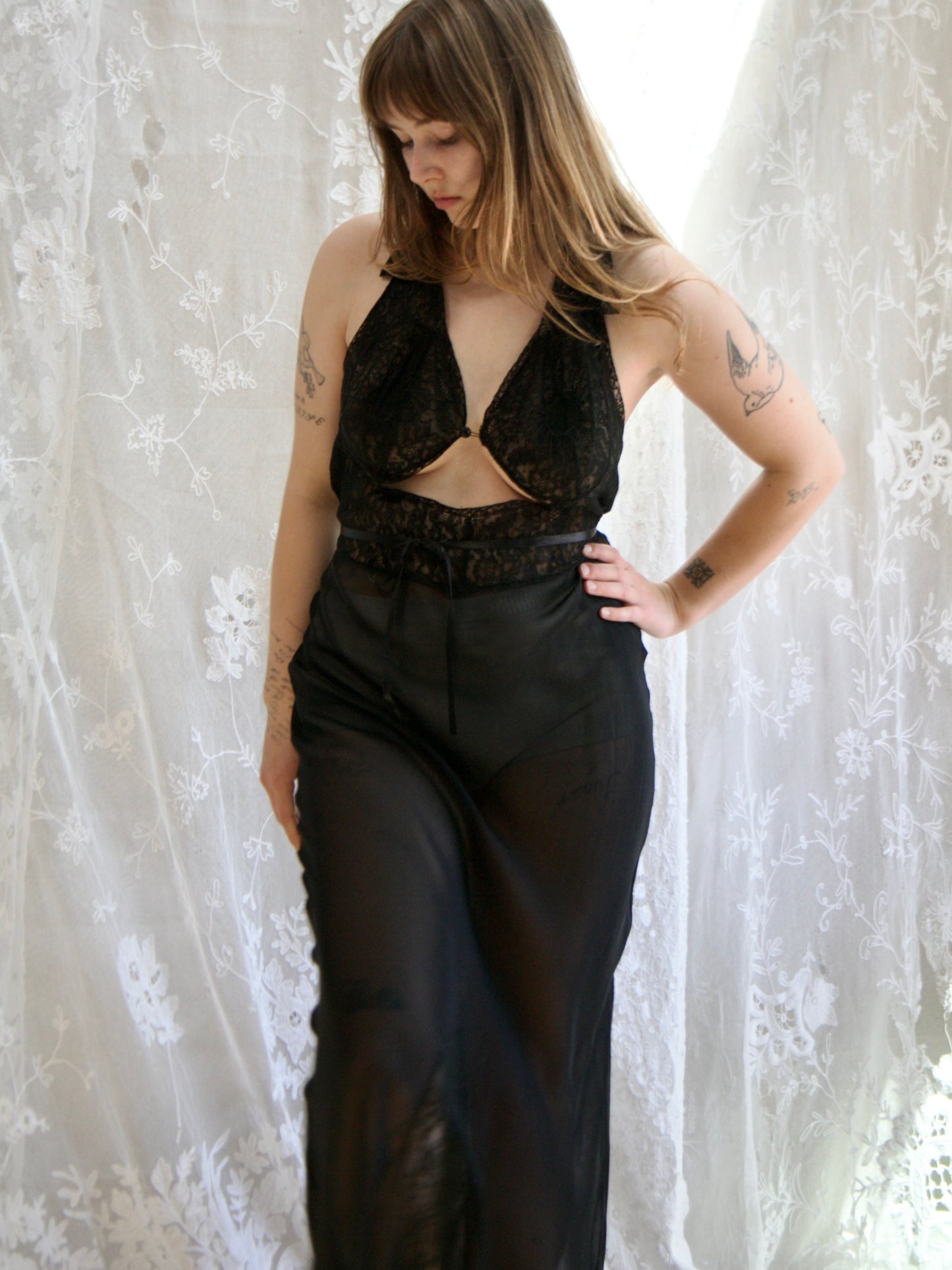 1940s Sheer Rayon Halter Lace Midriff Cutout Lingerie Gown