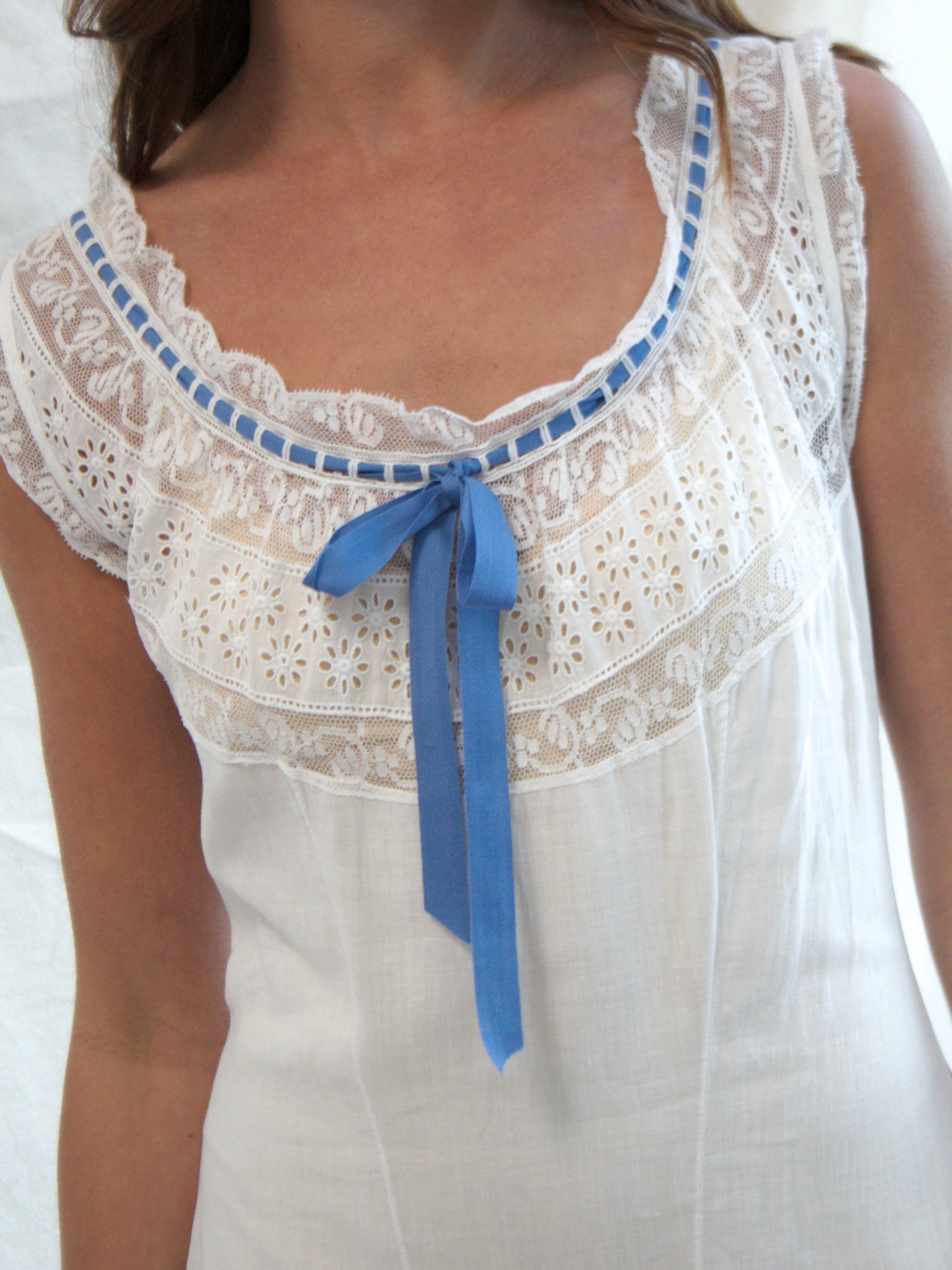 Antique Edwardian Cotton & Lace Ribbon Princess Slip Dress