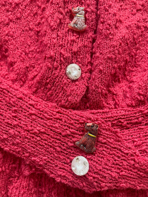 1950s Raspberry Two Piece Bouclé Knit Dress Set With Dog Glass Buttons