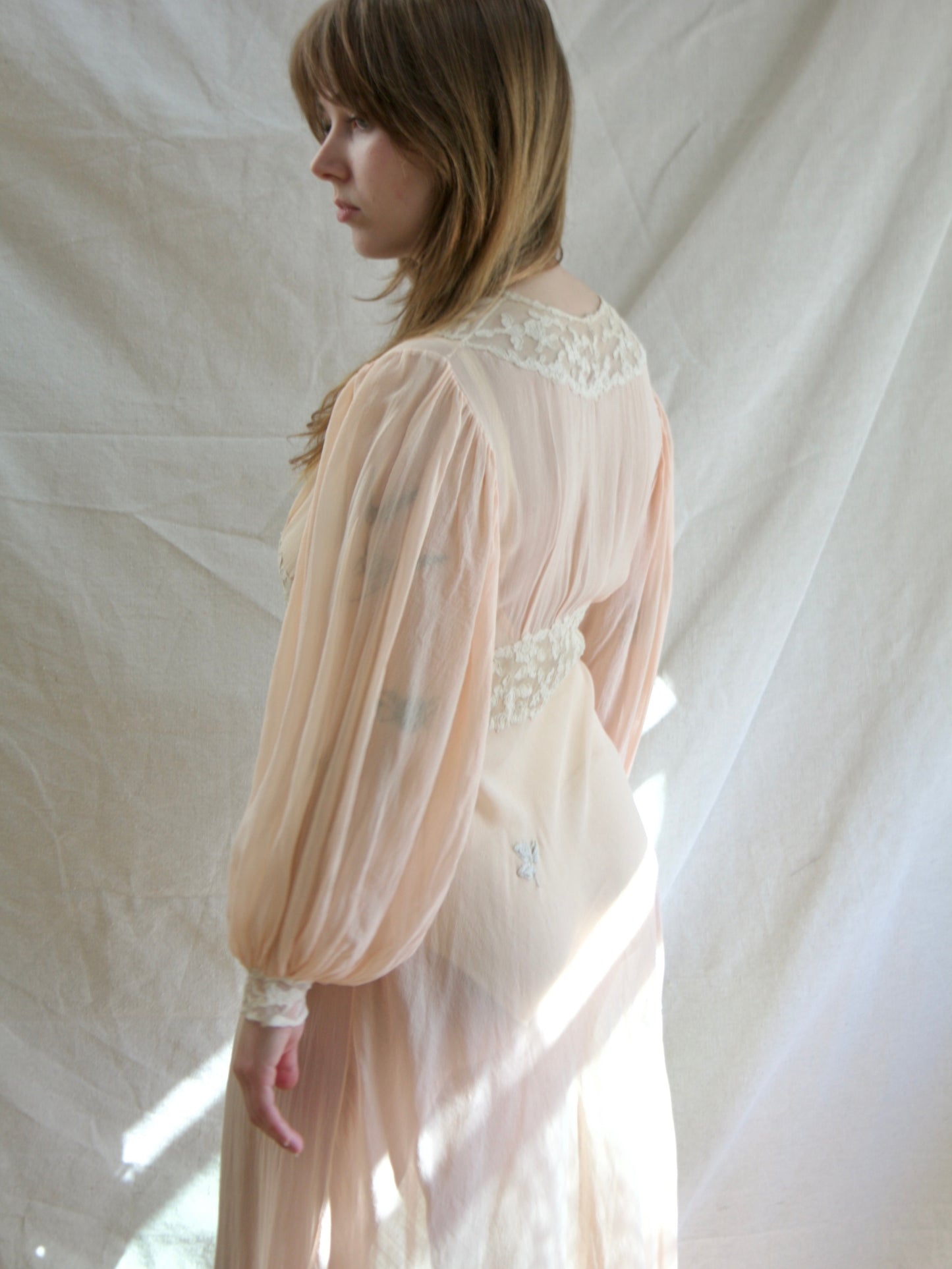 Special 1930s Hand Stitched Bishop Sleeve Chiffon Appliqué Bias Cut Gown
