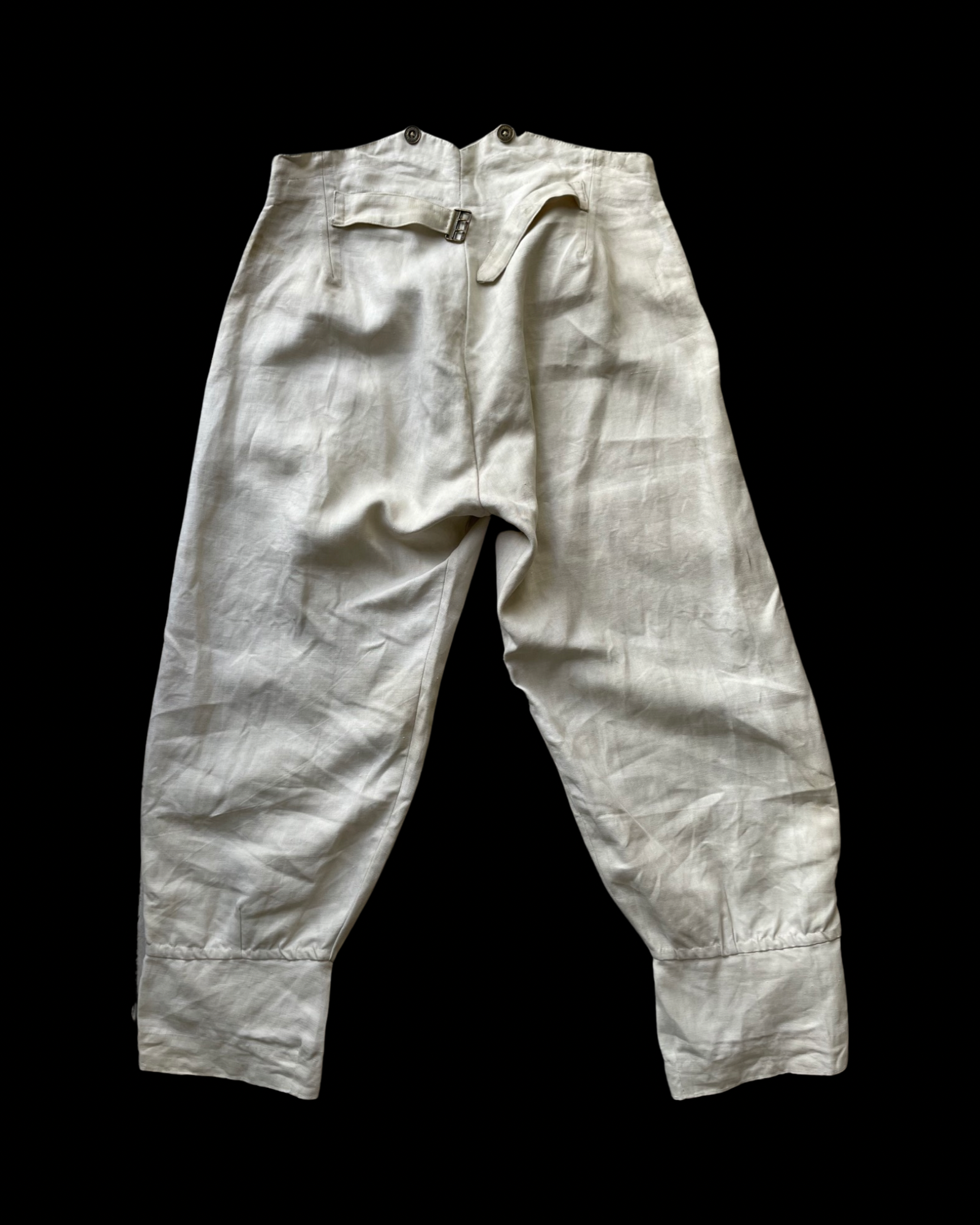 1886 French Linen Buckle Back Fishtail Breeches