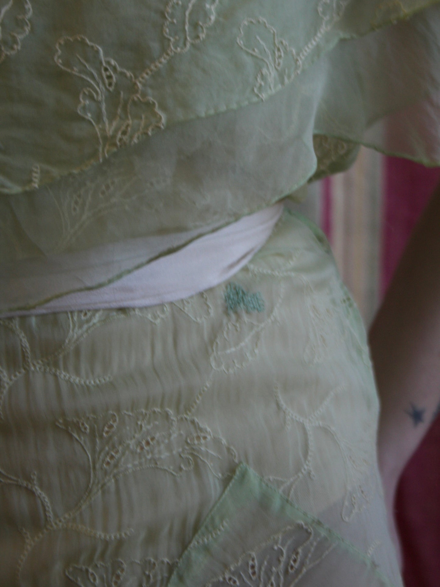 1930s Lime Embroideed Silk Chiffon Capelet Bias Cut Gown