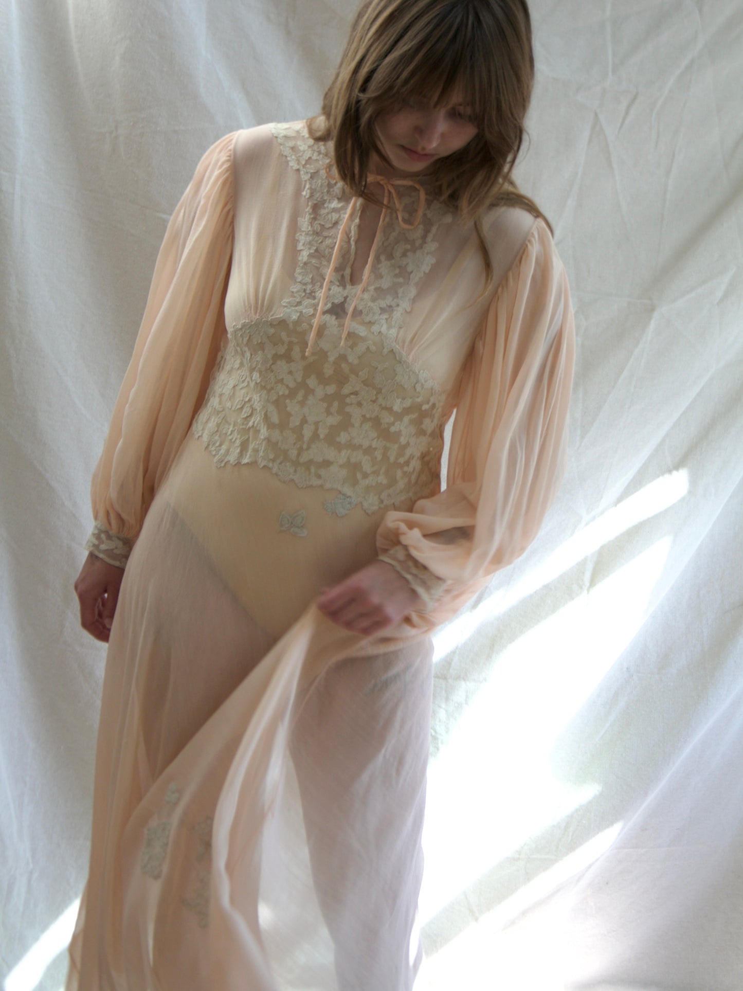 Special 1930s Hand Stitched Bishop Sleeve Chiffon Appliqué Bias Cut Gown