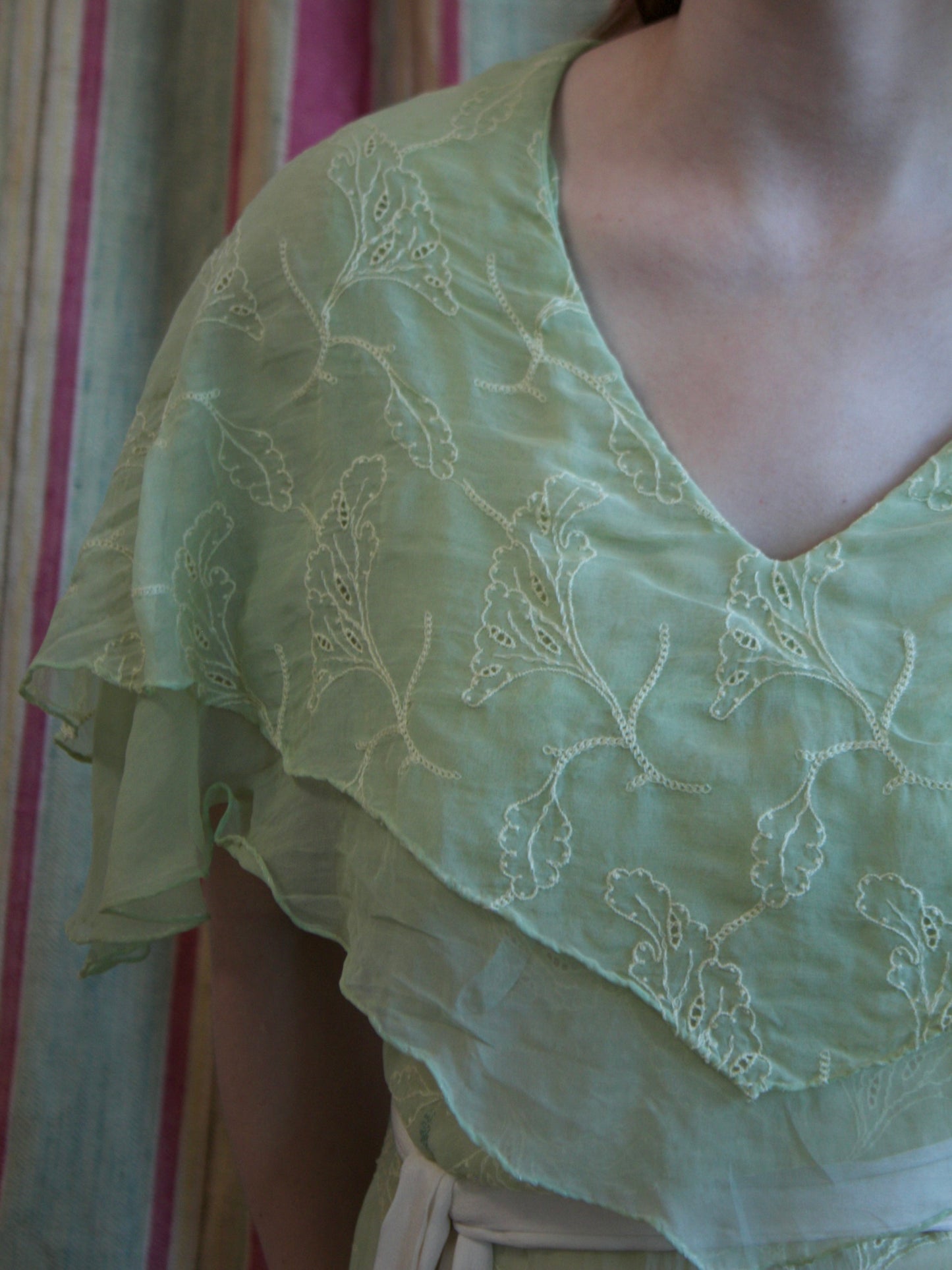 1930s Lime Embroideed Silk Chiffon Capelet Bias Cut Gown