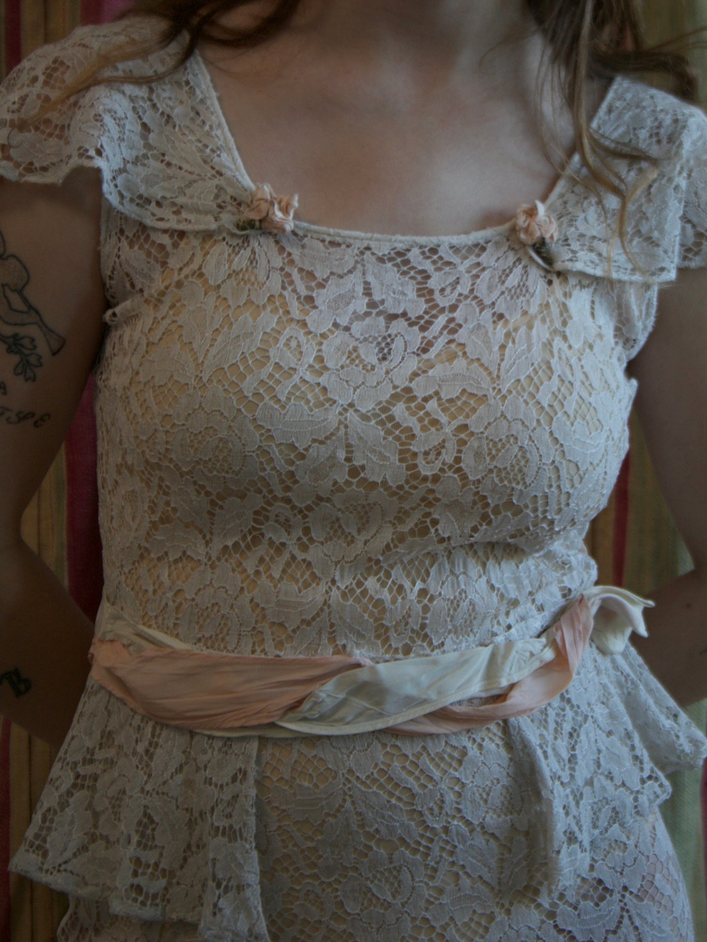 1930s Ivory Lace Ribbonwork Rosette Peplum Bias Cut Gown