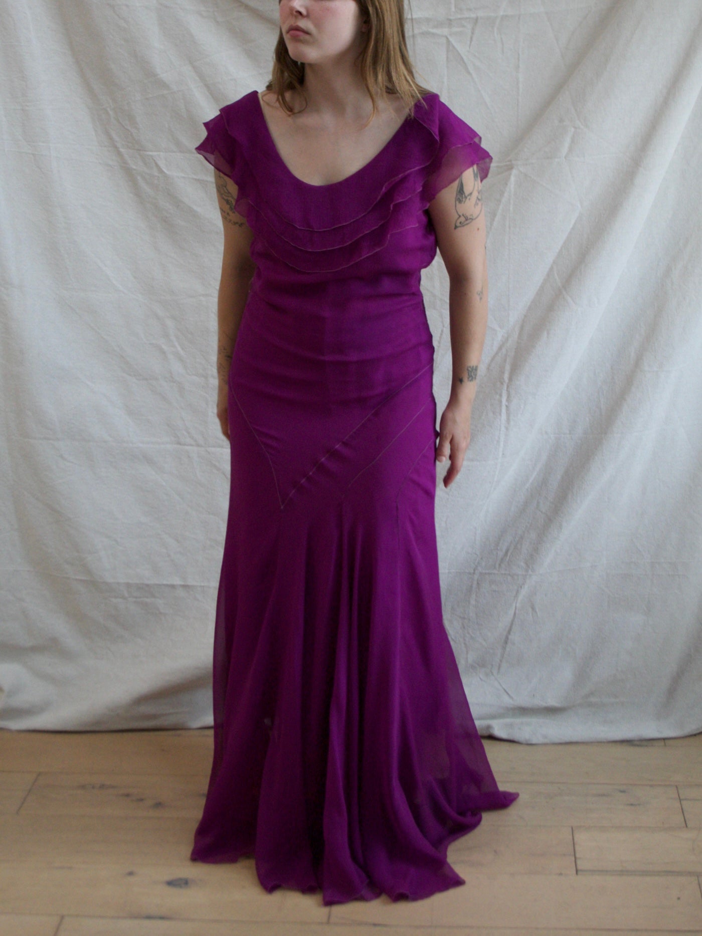 1930s Crinkle Chiffon Silk Fuchsia Plum Bias Cut Gown