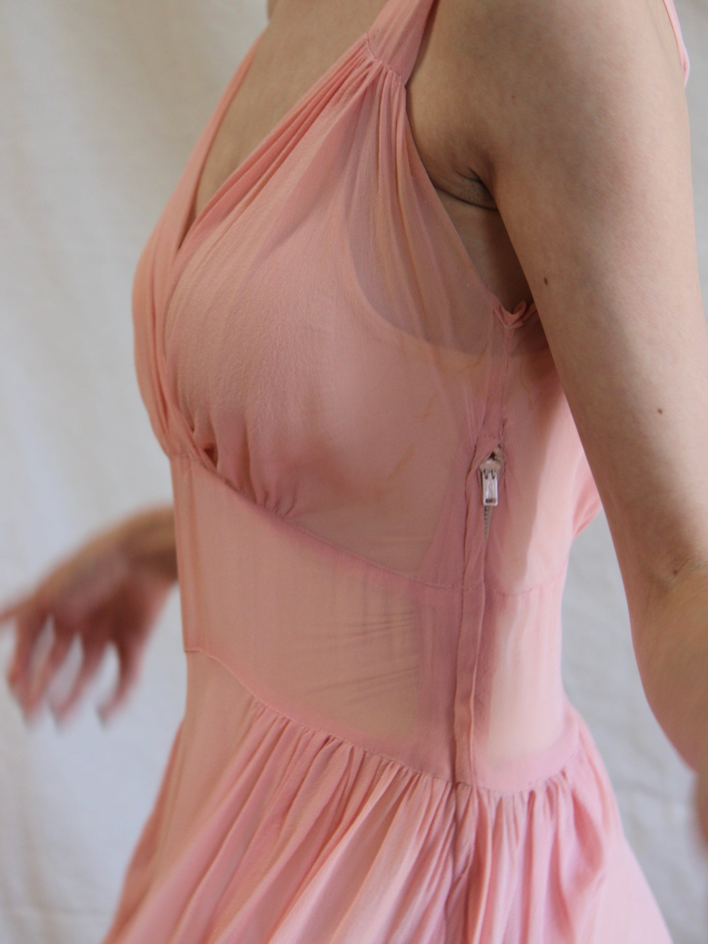 1930s Pale Pink Chiffon V Neck Dress